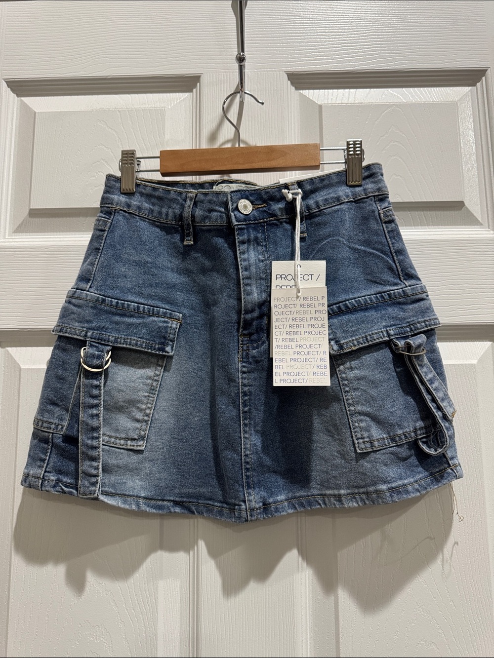 rebels Washed Blue Denim Cargo Mini Skirt